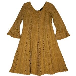 Always Indigo Dress Lace Large‎ L Petite Mustard Yellow Fit & Flare Bell Sleeves